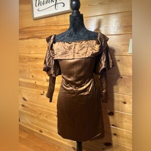 AKIRA Off-Shoulder Satin Mini Dress in Brown